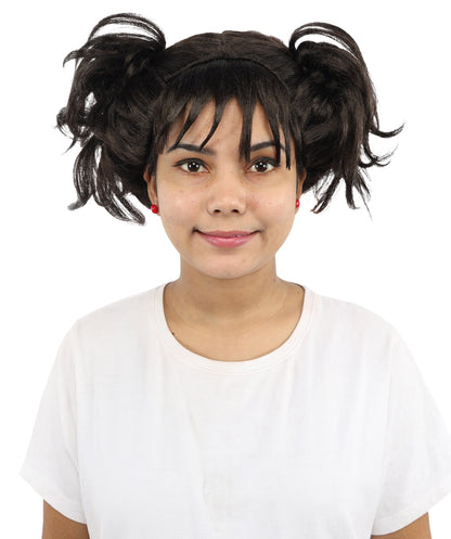 HPO Women’s Messy Twin Bun Wig with Graphic Bangs | Edgy Chocolate Brown Wig for Cosplay, Fashion Events, Halloween & Stage Wear | Adjustable Cap, Lightweight Synthetic Fiber