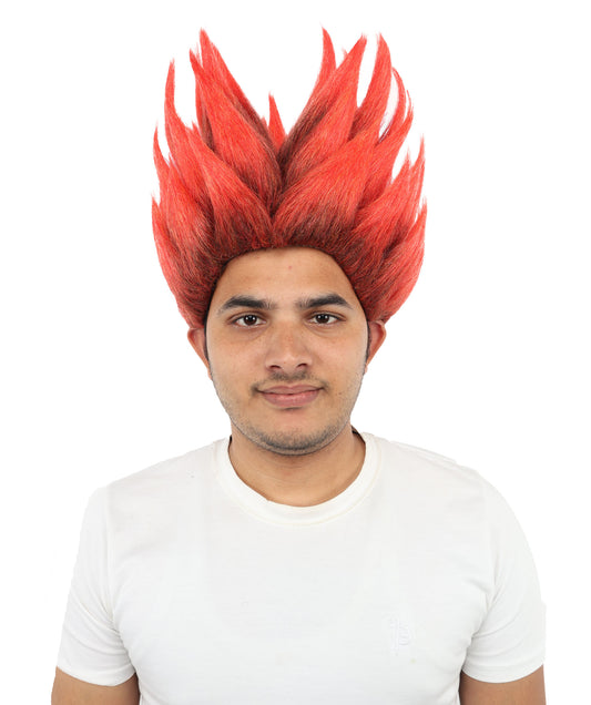 HPO Adult Men's Flame-Style Cosplay Wig | Fiery Red and Brown Spiky Hairstyle | Synthetic Wig for Halloween, Cosplay, Stage & Roleplay