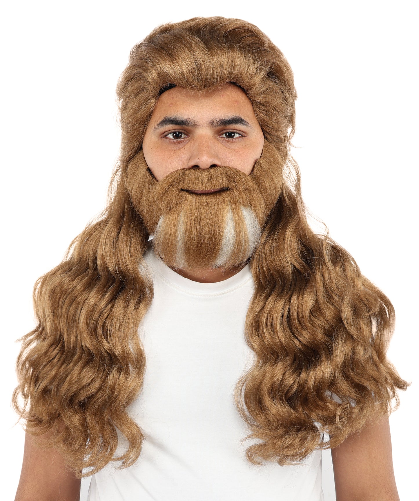 HPO Men’s Long Wavy Brown & White Mixed Wig Beard & Mustache Set – Royal Hairpiece with Adjustable Cap | Ideal for Historical Reenactment, Stage & Cosplay
