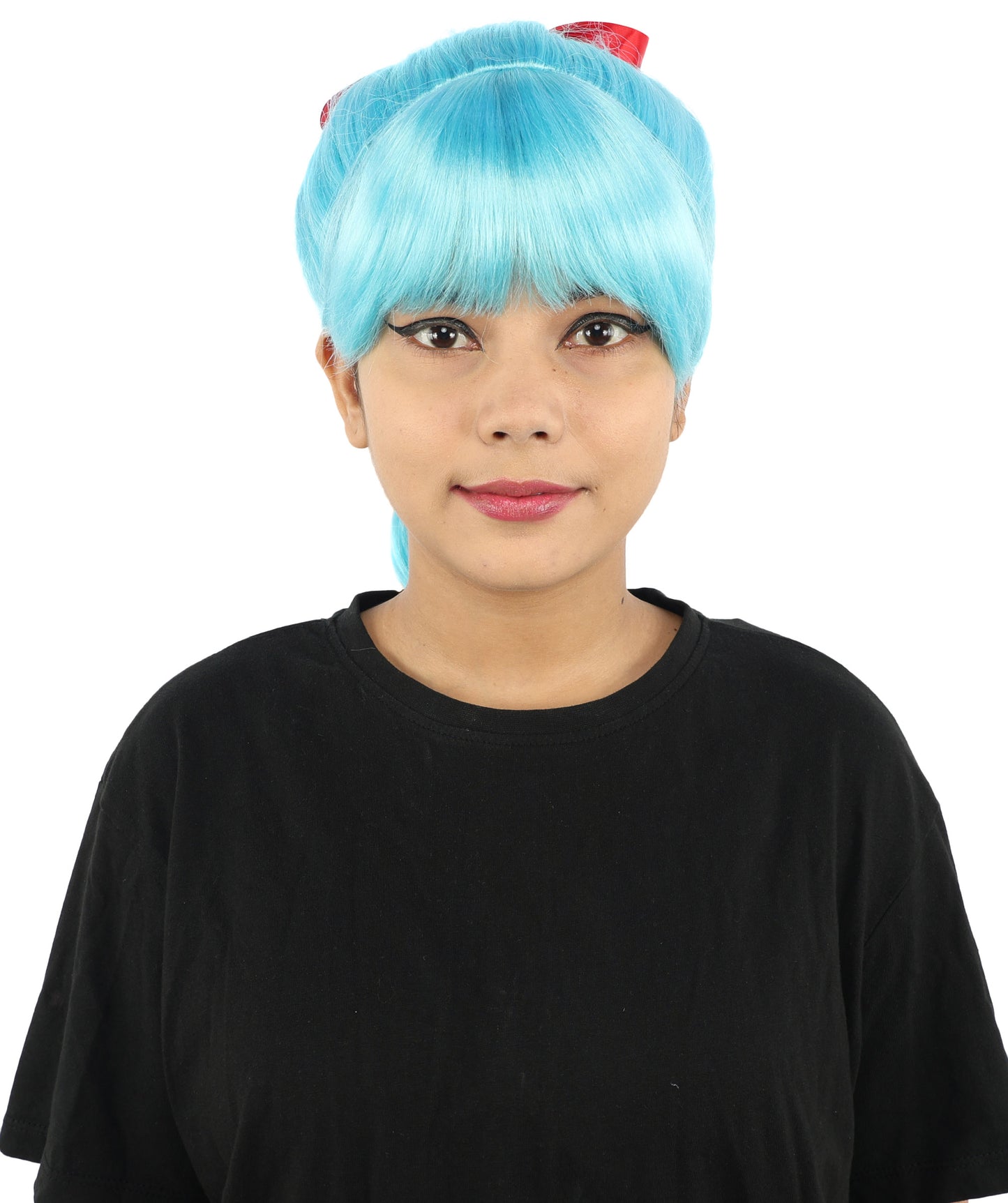 HPO Women's Spiral Ponytail Wig | Multicolor Options | High Updo with Red Ribbon Bow & Bangs, Heat Friendly Synthetic Fiber & Breathable Cap | Halloween, Christmas Event, Themed Party, Theater & Roleplay