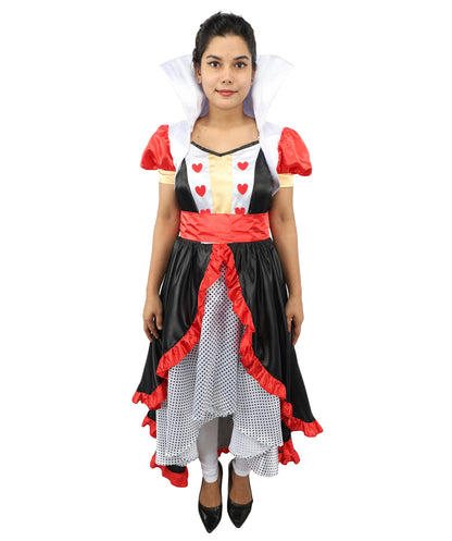 HPO Women’s Flirty Queen of Hearts Costume | Red, Black & White Dress with Crown Headband | Halloween, Cosplay, Stage Performances & Parties