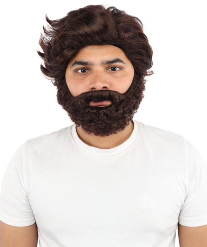 HPO Men’s Brown Wig with Moustache & Beard Set | Complete Wigs and Facial Hair Set | Costume Styling for Theme Events, Parties & Stage Roles