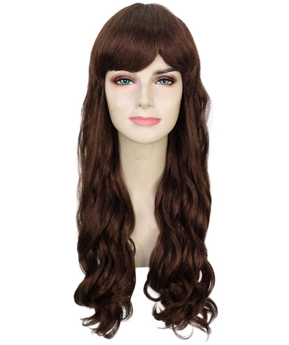 HPO Women's Red Long Wavy Desire Wig with Front Bangs | Halloween and Party Wig | Flame-retardant Synthetic Fiber  |  Premium Breathable Capless Cap