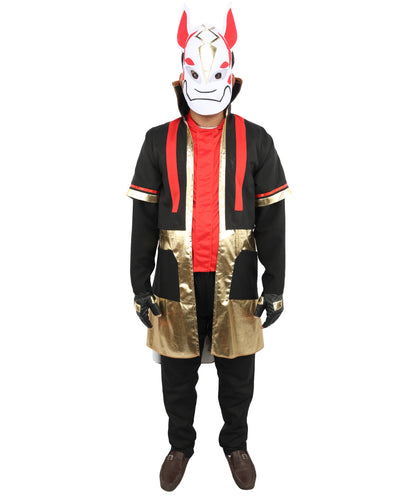 HPO Men's Neon Fox Streetwear Outfit | Multi-Layered Gold Satin and Ronior Fabric with Fox Mask and Gloves | Ideal for Cosplay, Halloween, Drag, and Urban Theater Performances