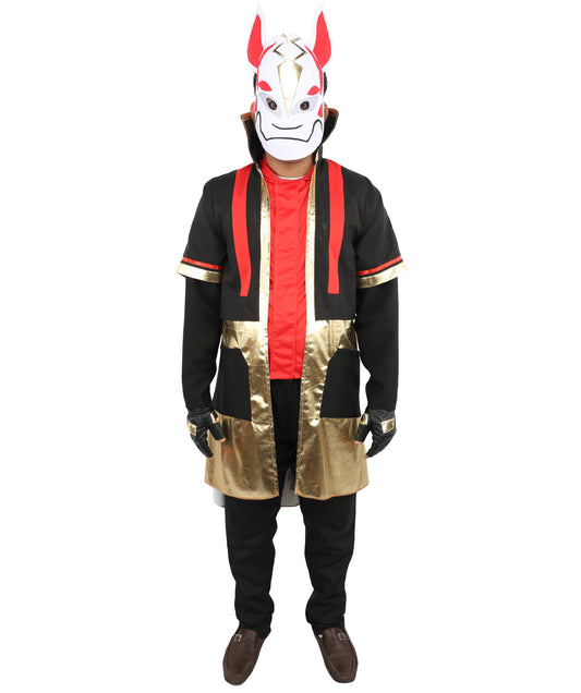 HPO Men's Neon Fox Streetwear Outfit | Multi-Layered Gold Satin and Ronior Fabric with Fox Mask and Gloves | Ideal for Cosplay, Halloween, Drag, and Urban Theater Performances