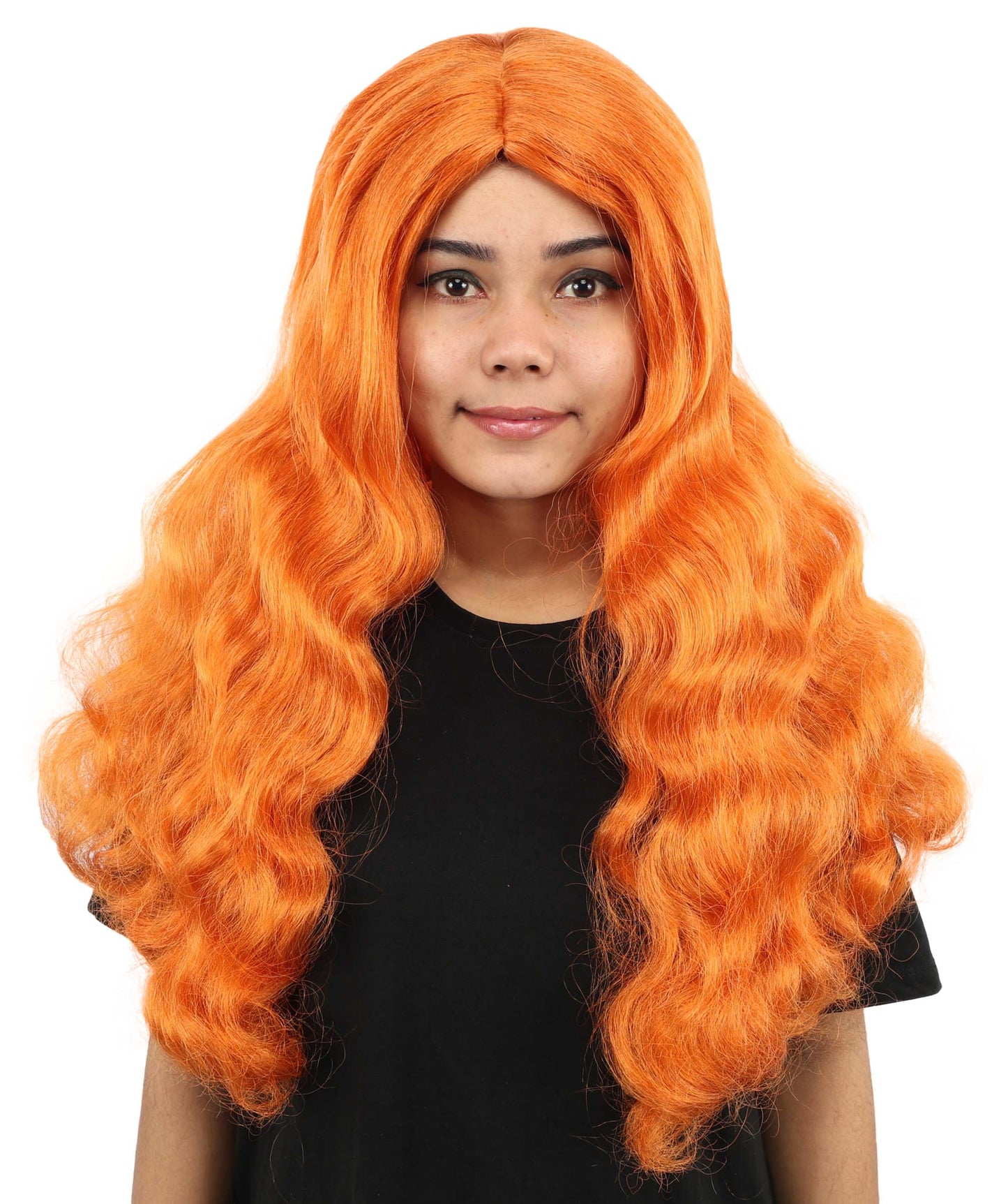 HPO Women's Long Orange Wavy Wig | Center Parted Ginger Curls with Voluminous Ends, Heat Resistant Synthetic Fiber & Breathable Cap | Halloween, Teen Roleplay, Theater, Themed Party & Costume Events