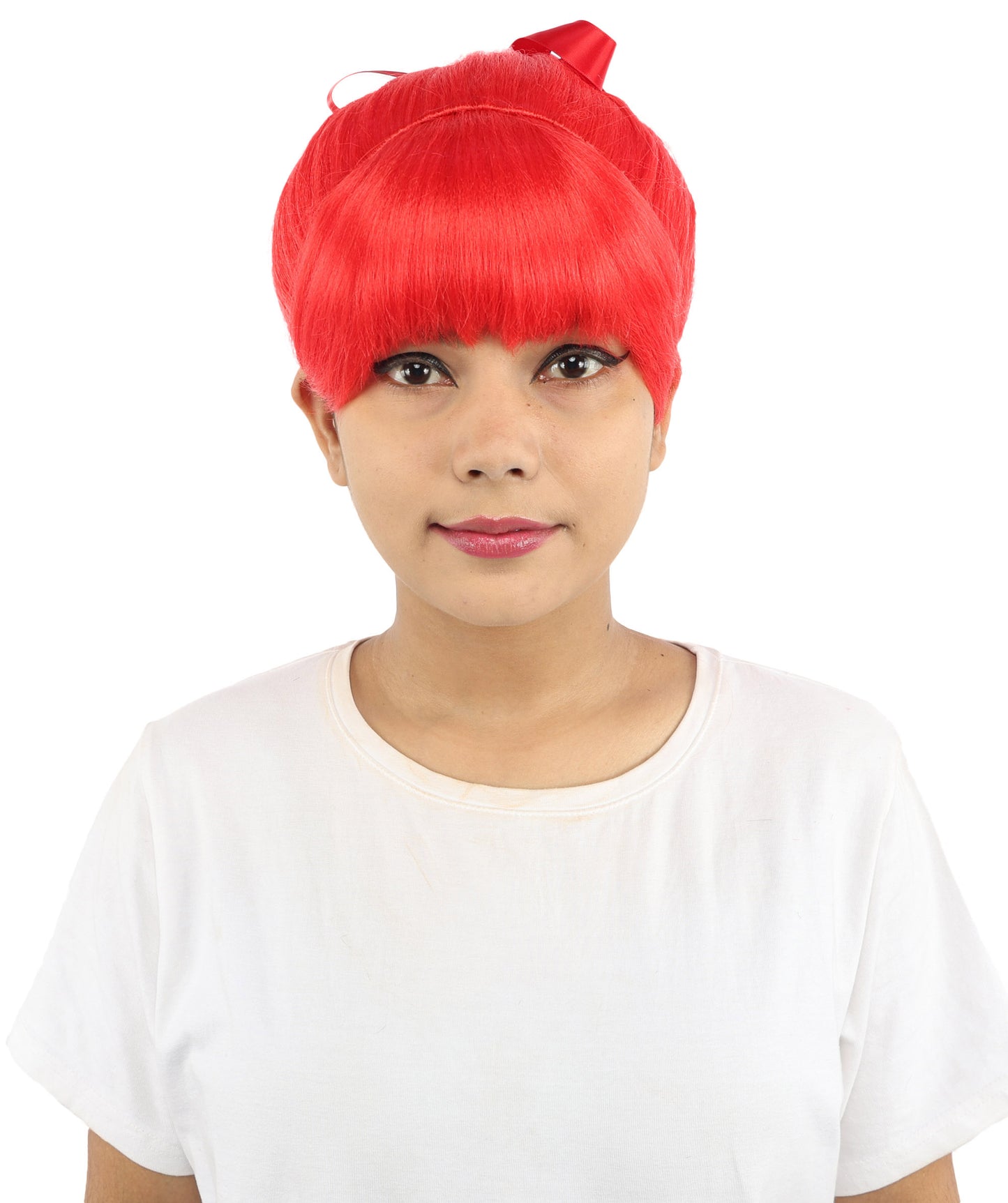 HPO Women's Spiral Ponytail Wig | Multicolor Options | High Updo with Red Ribbon Bow & Bangs, Heat Friendly Synthetic Fiber & Breathable Cap | Halloween, Christmas Event, Themed Party, Theater & Roleplay