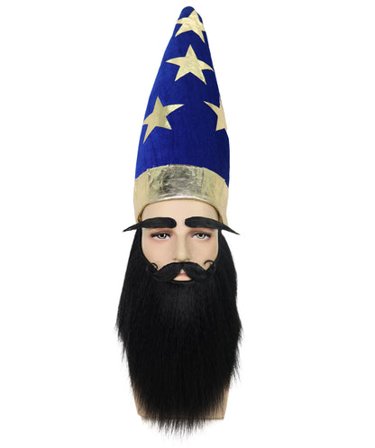 Adult Men’s Self-Adhesive Medieval King Long Black Beard & Mustache Set with Eyebrow | Majestic & Wizard Costume Facial Hair Kit| Flame-retardant Synthetic Fiber