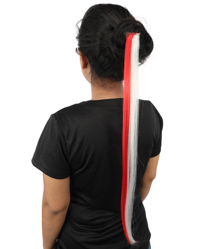 HPO Women's International Clip-in Hair Extension | Sleek straight red and white synthetic fibers featuring a secure snap attachment | Ideal for party, Halloween, cosplay, theater, drag, performance, costume events