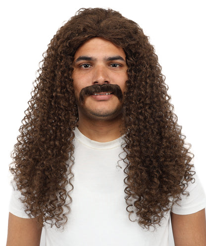 HPO Men's Long Curly Wig & Mustache Set for Men | Natural-Looking Brown Synthetic Hairpiece | Wig for Cosplay, Halloween & Stage Use