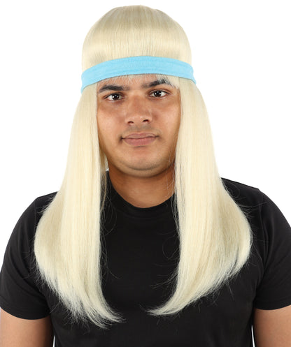 HPO Men's Long Auburn Wig with Headband | Straight Reddish Texture with Blunt Bangs & Included Teal Band, Heat Resistant Fiber | Halloween, Troll Roleplay, Fantasy Party, Carnival & Theater