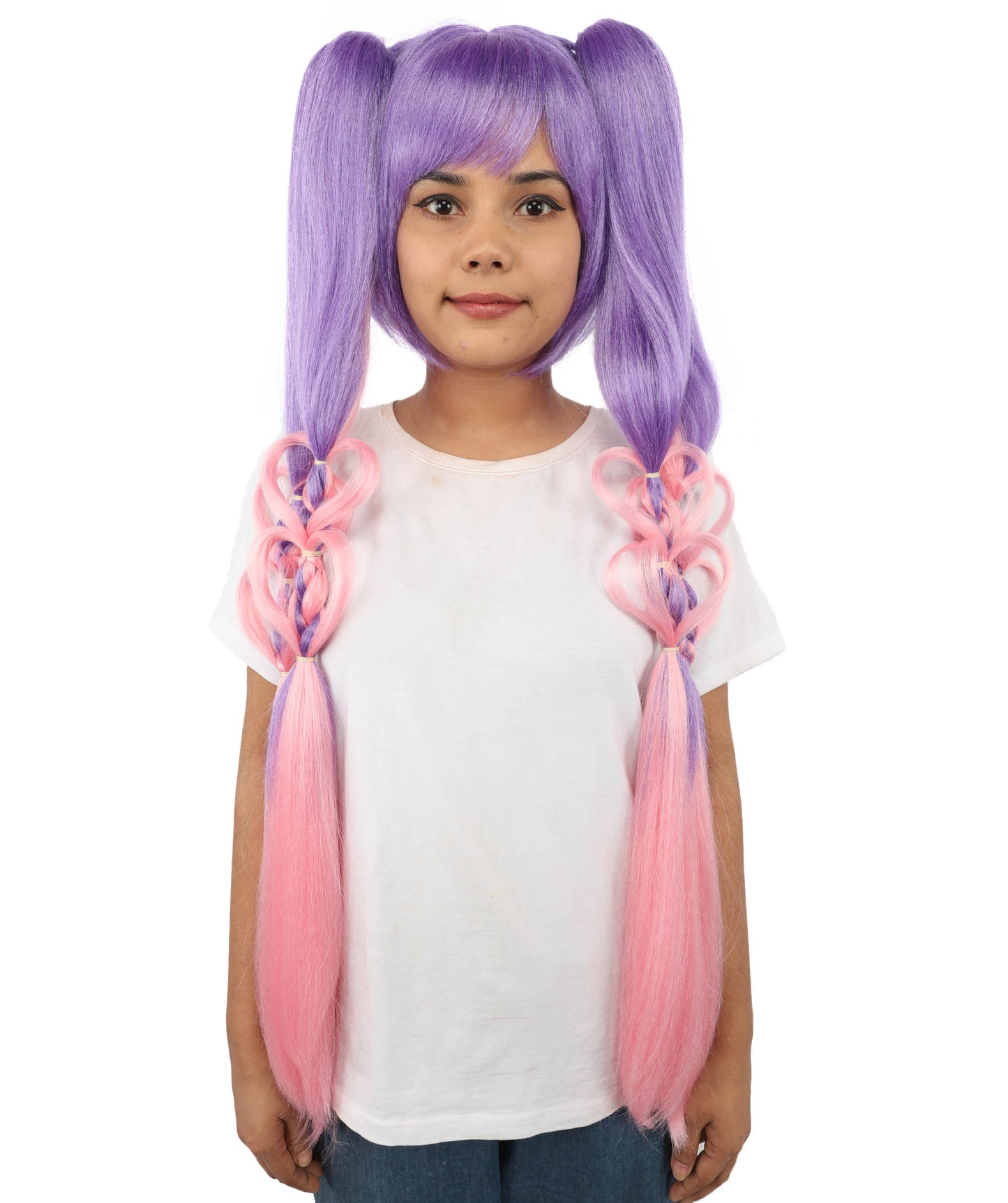 HPO Women's Heart Pigtail Character Wig | Dual-tone purple and pink, create of synthetic fiber, long structured pigtails with heart-shaped loops, breathable base | Party, Halloween, theater, drag, performance, costume events