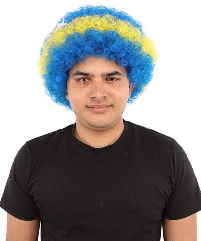 HPO Curacao Flag Afro Wig | 11 Inch Blue Yellow Stripe White Stars Design | Sports Event National Holiday Parade Soccer Match Fan Gear