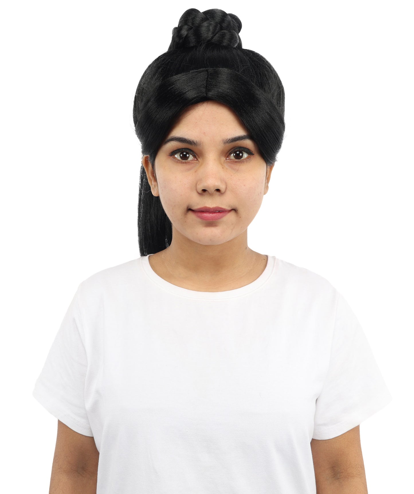 HPO Women's Warrior Bun Wig | Sleek Black Texture Intricate Top Knot 16 Inch Length | Party Halloween Cosplay Theater Drag Performance Costume Events