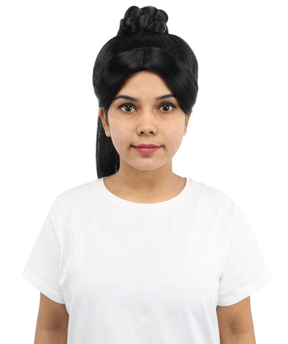 HPO Women's Warrior Bun Wig | Sleek Black Texture Intricate Top Knot 16 Inch Length | Party Halloween Cosplay Theater Drag Performance Costume Events
