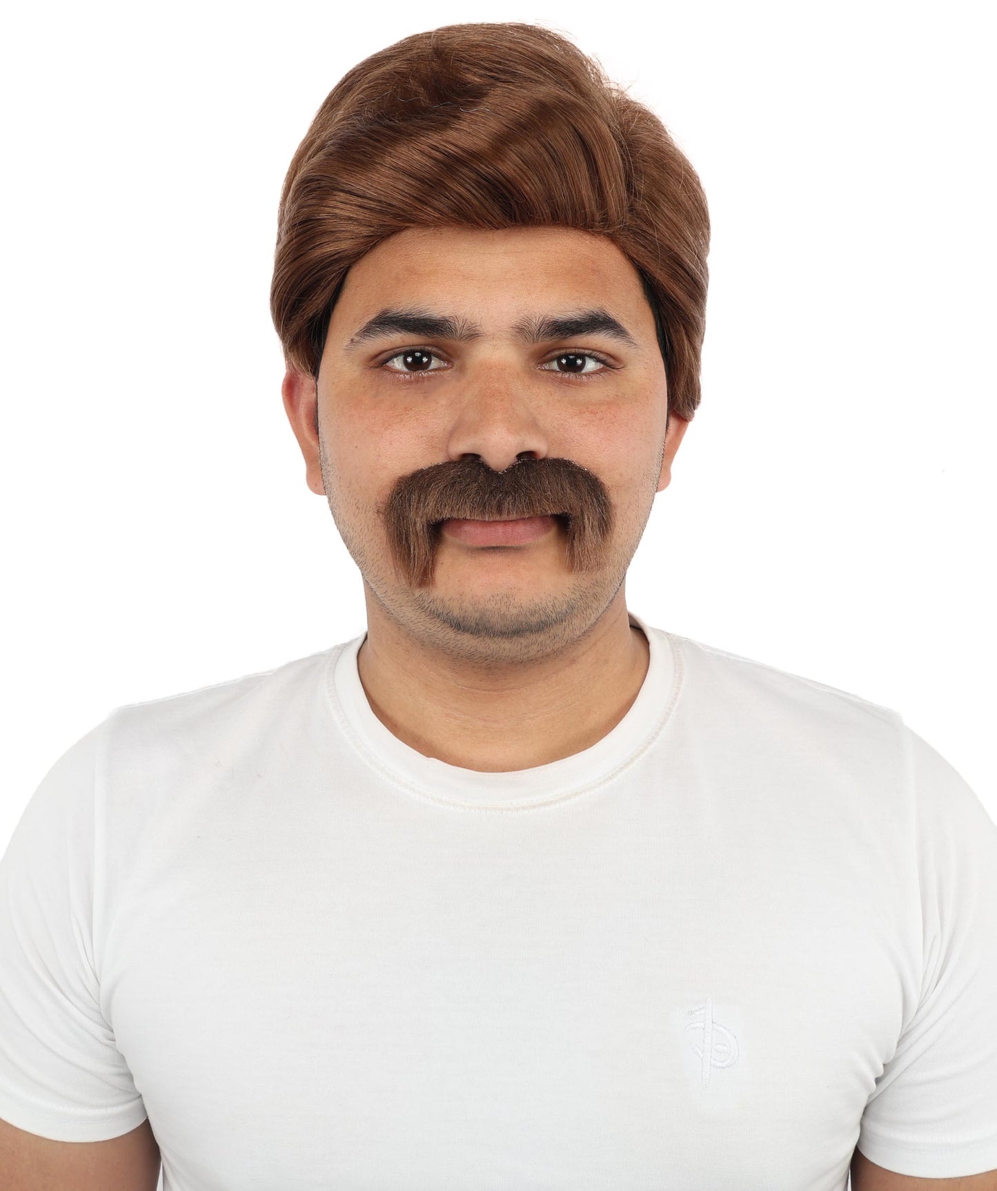 HPO Men’s Chestnut Brown Blend Wig with Mustache Set | Retro Gentleman Hair Style | Cosplay Outfit for Costume Parties, Stage Performances & Themed Events
