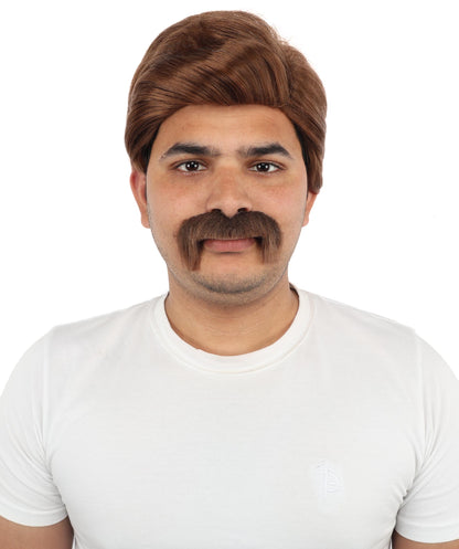 HPO Men’s Chestnut Brown Blend Wig with Mustache Set | Retro Gentleman Hair Style | Cosplay Outfit for Costume Parties, Stage Performances & Themed Events