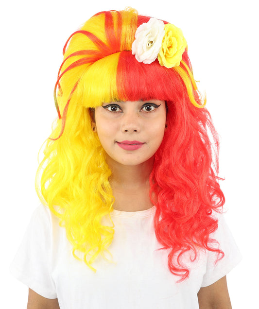 HPO Women's Split Style Glamour Red & Yellow Wig | Long curly synthetic fibers with big teased volume blunt bangs and capless base | Essential for theatrical stage drag performance costume events and party