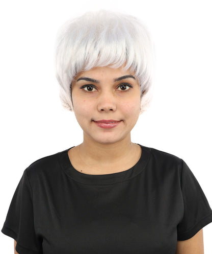 HPO Women's Short Silver White Pixie Wig  | Edgy Layered Cut with Bangs | Synthetic Hair Wig for Stage Fashion, Cosplay, Halloween & Bold Party Looks