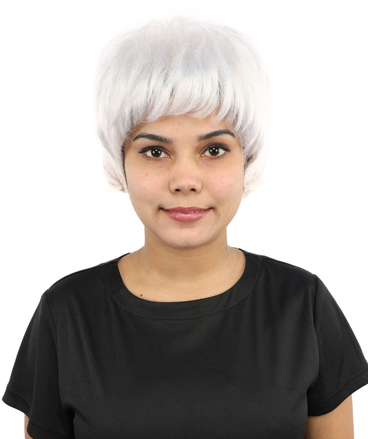 HPO Women's Short Silver White Pixie Wig  | Edgy Layered Cut with Bangs | Synthetic Hair Wig for Stage Fashion, Cosplay, Halloween & Bold Party Looks