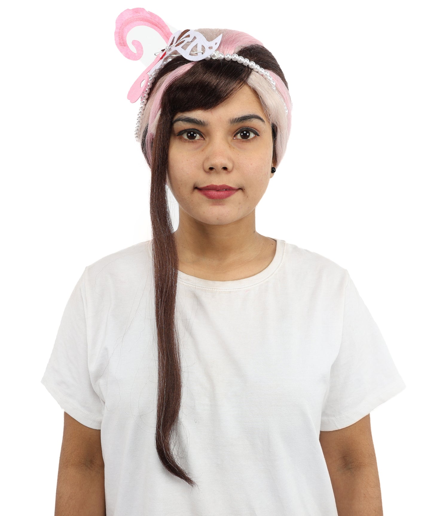 HPO Princess Style Fantasy Ponytail Wig with Feather Crown – Long 23 Inch Dual-Tone Brown & Pink Waves | Ideal for Cosplay, Parties & Halloween