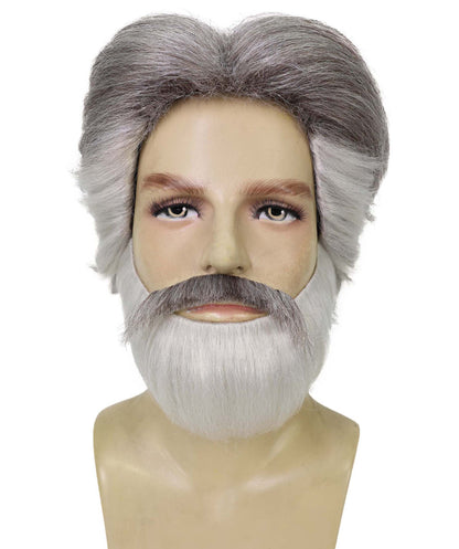 HPO Adult Men’s Franco Culture Modern Grey Halloween Wig, Mustache & Beard Set | Synthetic Flame‑Retardant Fiber | Breathable Capless Cap for Stage & Party