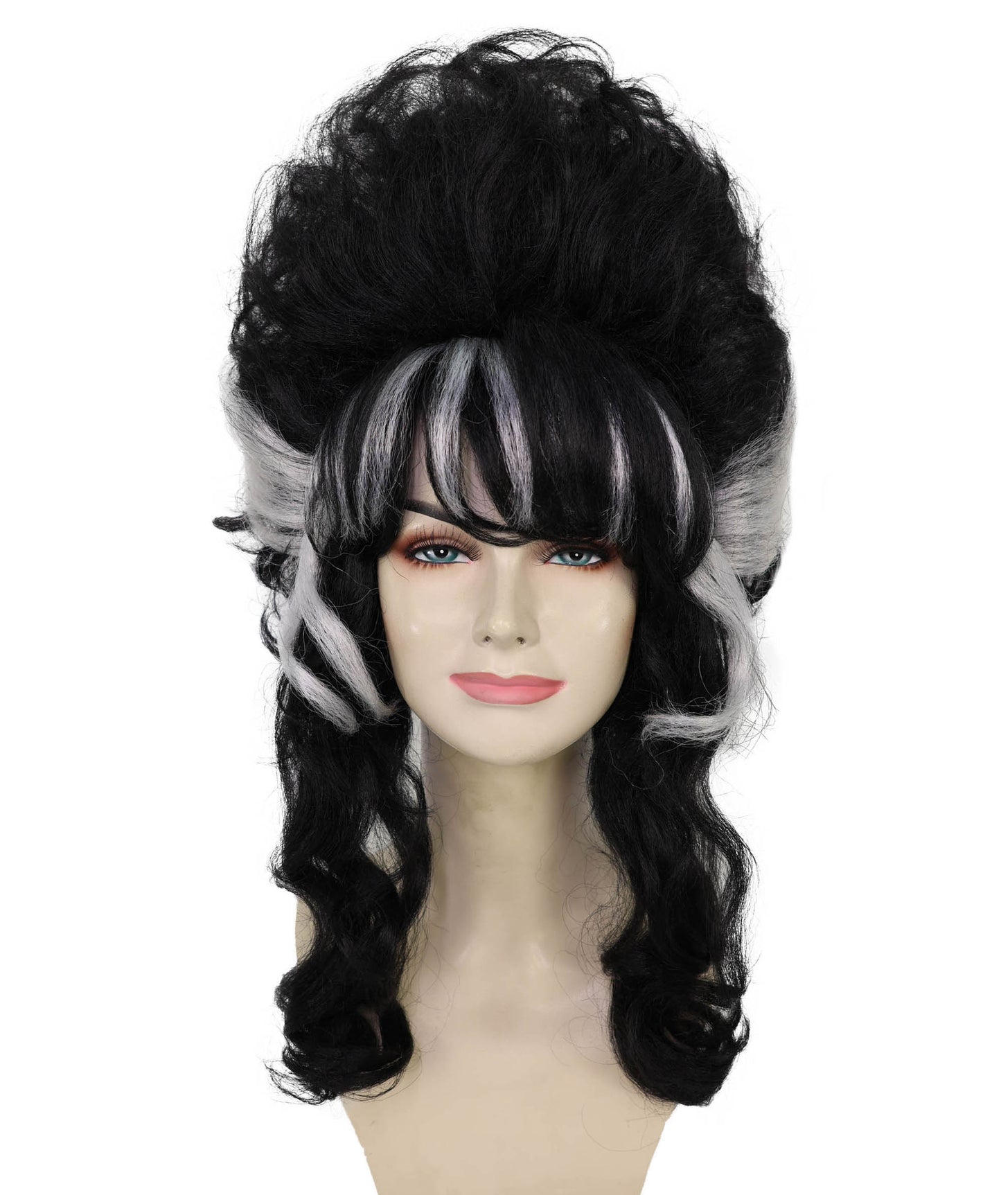 HPO Adult Frankenstein Beehive Wig for Women | Halloween Updo Wig with White Streaks | Black Synthetic Hair | Flame-Retardant | Capless Cap | Horror Bride Costume Wig