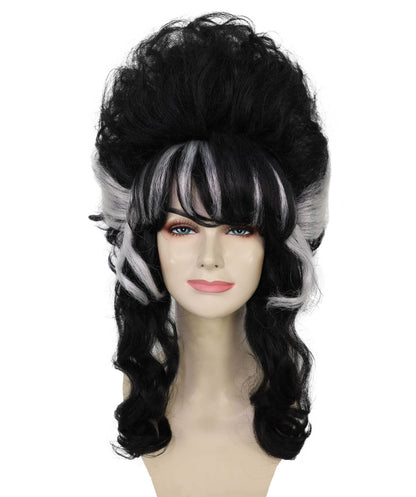 HPO Adult Frankenstein Beehive Wig for Women | Halloween Updo Wig with White Streaks | Black Synthetic Hair | Flame-Retardant | Capless Cap | Horror Bride Costume Wig