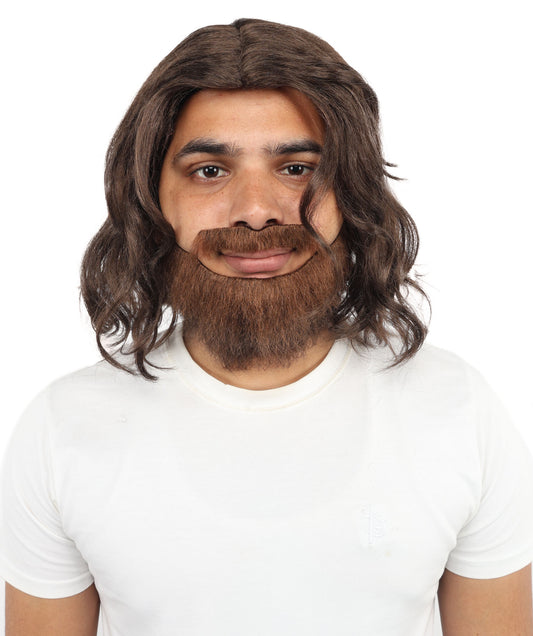 HPO Long Brown Wavy Wig Beard & Mustache Set for Men – Rugged Look Costume Accessory | Ideal for Post-Apocalyptic Themed Events, Fancy Dress & Cosplay