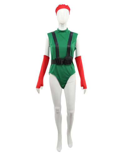 HPO Adult Elite Female Fighter Outfit | Green Bodysuit with Red Beret, Gloves & Black Belt Holster | Cosplay, Halloween & Role Play