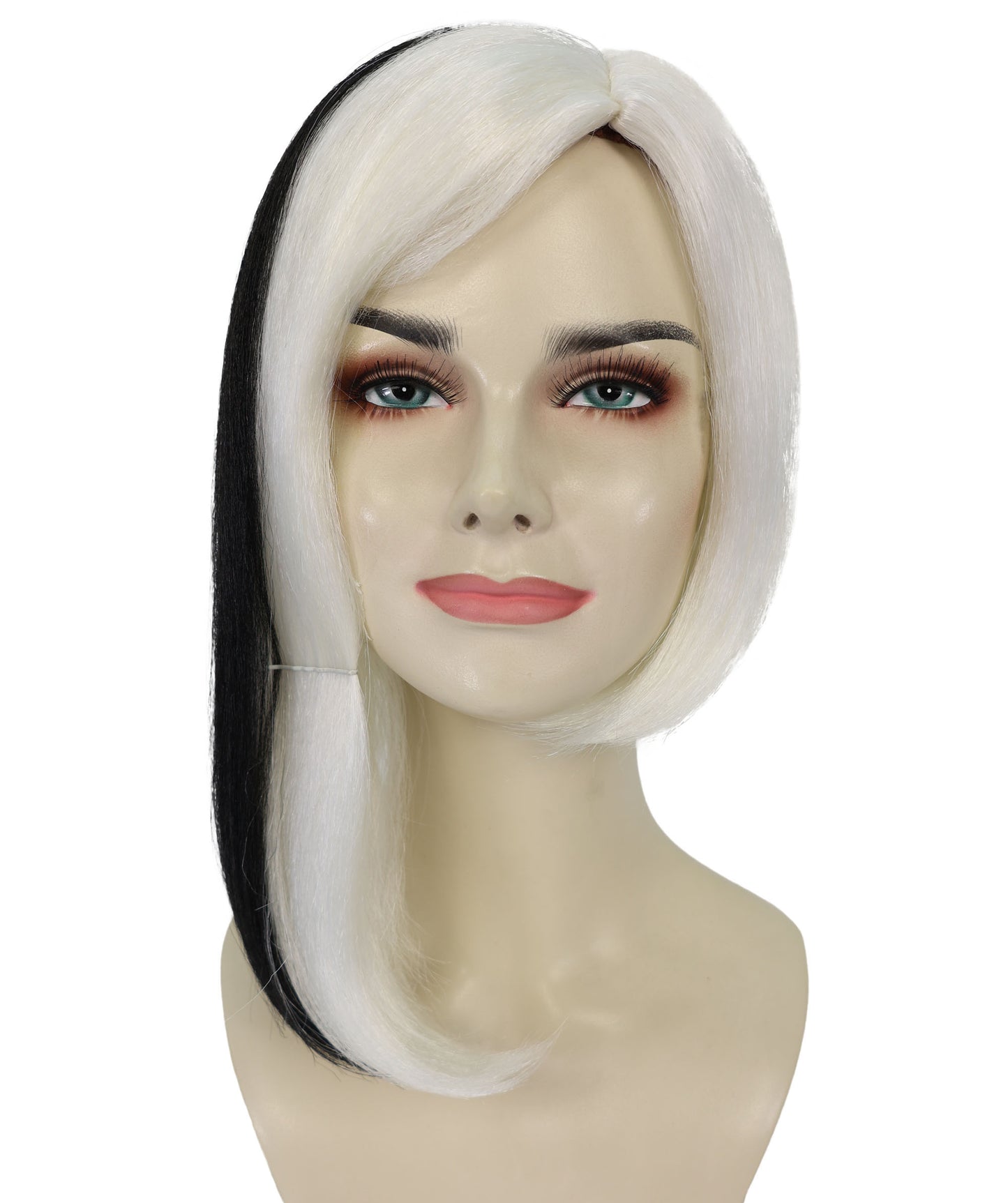 HPO Adult Women’s Glamour Diva White Wig with Black Streaks | Long Synthetic Costume Wig | Halloween Party Diva Look | Breathable Capless Fit, Soft Fiber