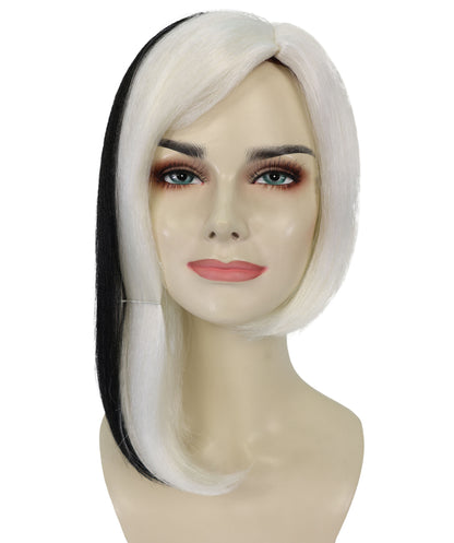 HPO Adult Women’s Glamour Diva White Wig with Black Streaks | Long Synthetic Costume Wig | Halloween Party Diva Look | Breathable Capless Fit, Soft Fiber