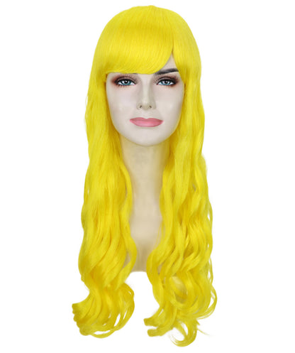 HPO Women's Red Long Wavy Desire Wig with Front Bangs | Halloween and Party Wig | Flame-retardant Synthetic Fiber  |  Premium Breathable Capless Cap