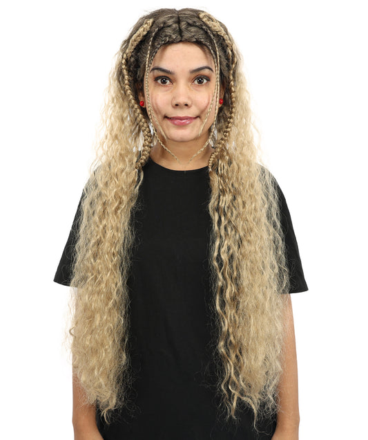 HPO Women's Extra Long Dark Brown & Ash Blonde Mixed Wig with Micro Braids | Loose Wavy Synthetic Hairpiece for Cosplay, Festivals, Stage Shows &  Parties