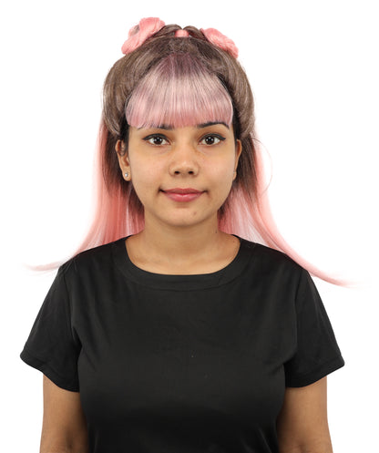 HPO Women's Brown & Pink Half Updo Bangs Wig | Create of synthetic fiber, blunt fringe with top bow, breathable base | Party, Halloween, theater, drag, performance, costume events