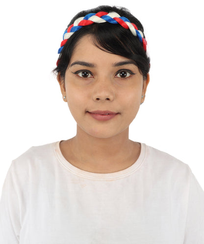 HPO Women's Multinational Braided Hairband | Textured red, white, and blue synthetic fibers woven into a twisted headband with elastic backing | Ideal for party, Halloween, cosplay, theater, drag, performance, costume events