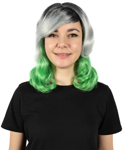 HPO Women’s Ombre Grey & Green Short Wavy Bob Wig with Bangs | Synthetic Fashion Wig | Daily Wear, Cosplay, or Costume Use