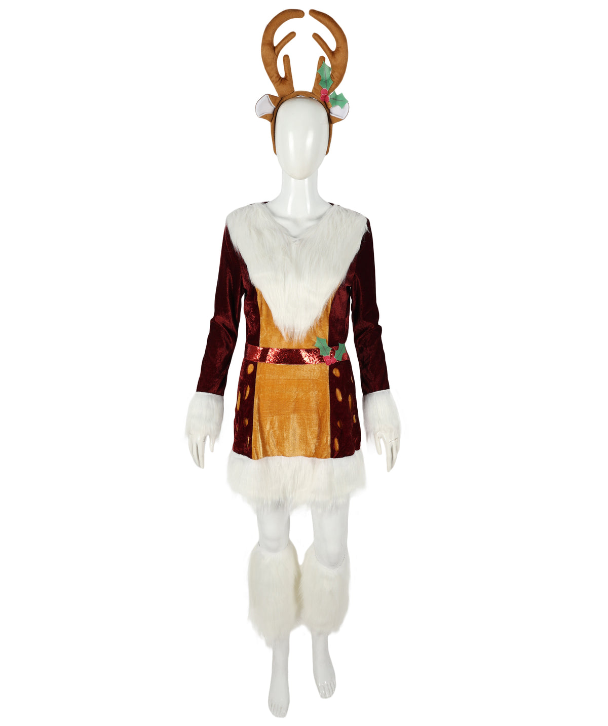 Adult Unisex Brown Reindeer Costume with Antlers and Tail | Plush Full Body Jumpsuit with White Belly | For Christmas, Holiday Parades, and Events
