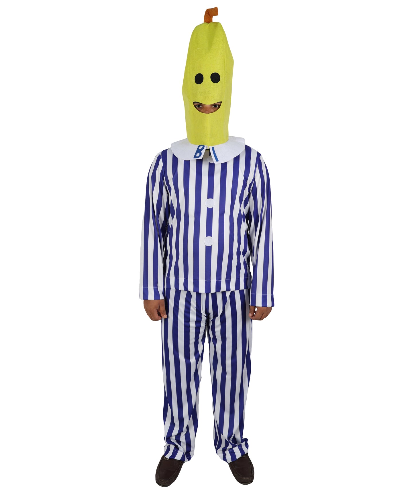 HPO Women's Banana in Pajamas Costume | Classic Blue and White Striped Sleepwear Top and Pants Set Novelty Fruit Character Yellow Mask | Halloween Cosplay Theater Drag Performance Costume Events