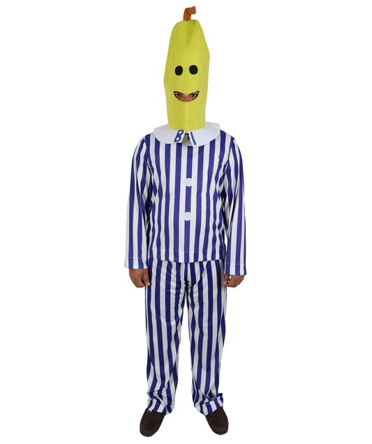 HPO Women's Banana in Pajamas Costume | Classic Blue and White Striped Sleepwear Top and Pants Set Novelty Fruit Character Yellow Mask | Halloween Cosplay Theater Drag Performance Costume Events