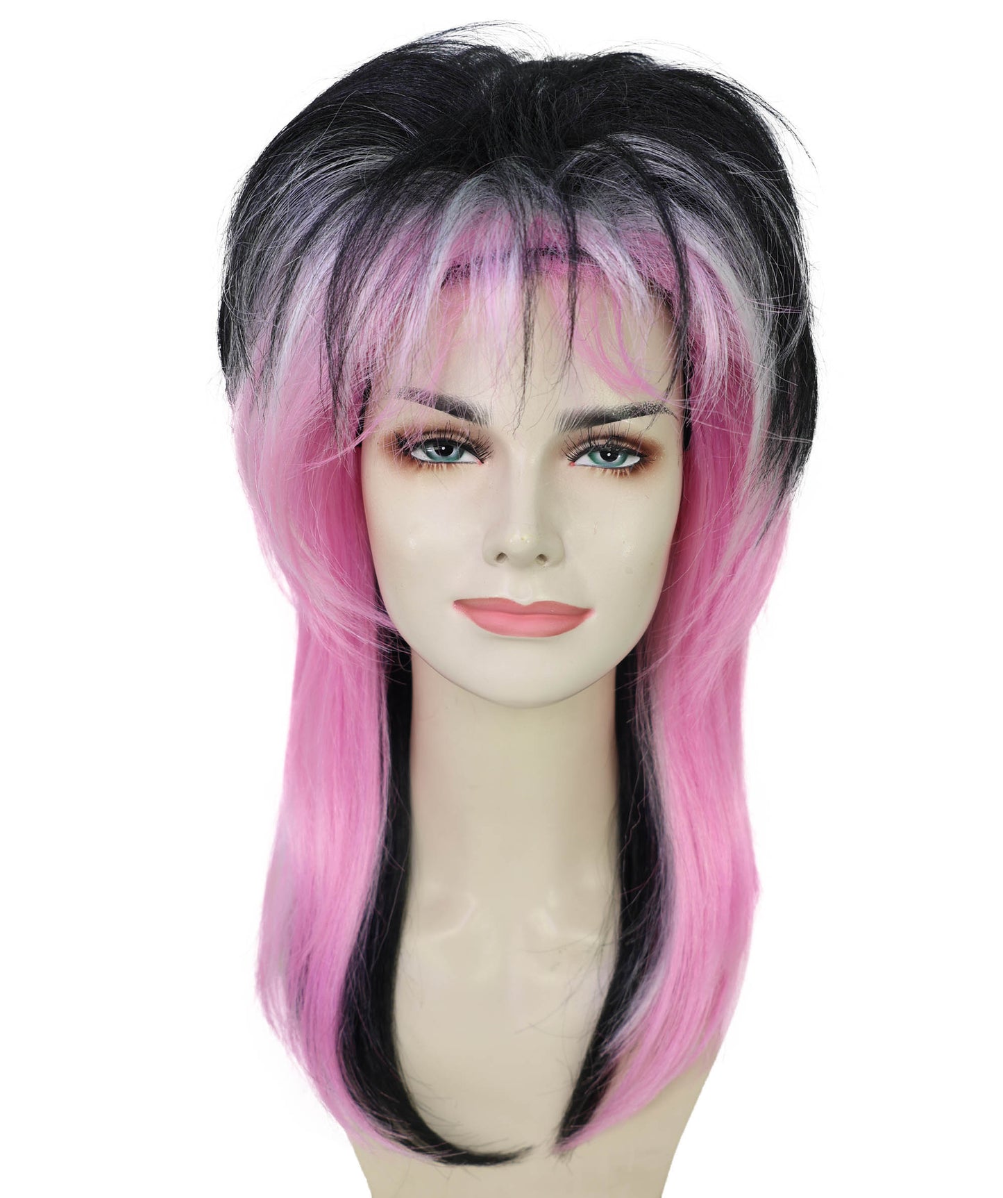 HPO Adult Women’s  80’s Rock Star Wig | Black & Pink Layered Hair for Halloween & Themed Parties| Breathable Capless Cap