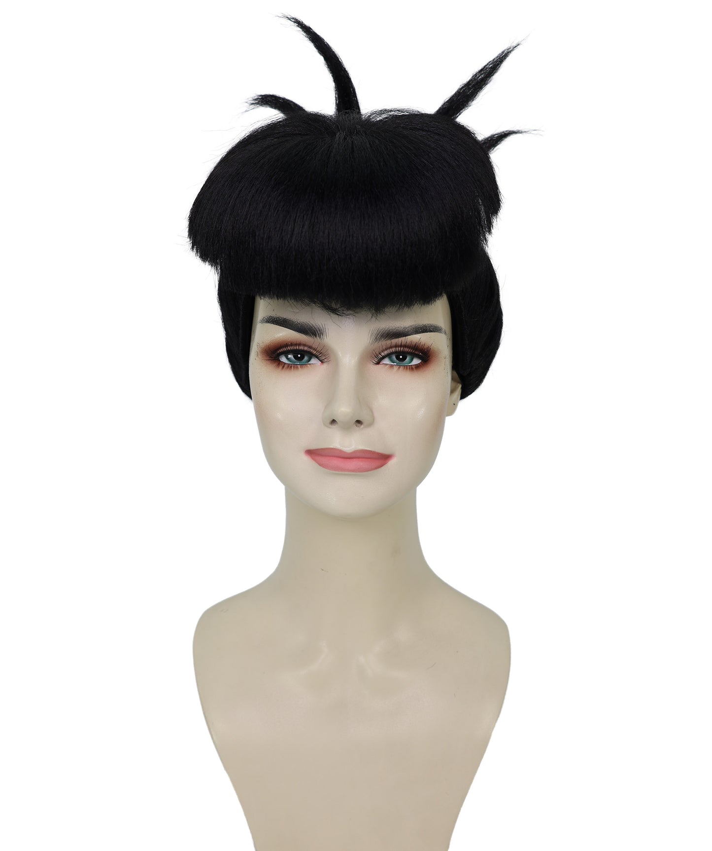 HPO Adult Women’s Sculpted Spiked Bun Wig with Blunt Bangs | Halloween Wig | Flame-Retardant Synthetic Hair with Breathable Capless Design