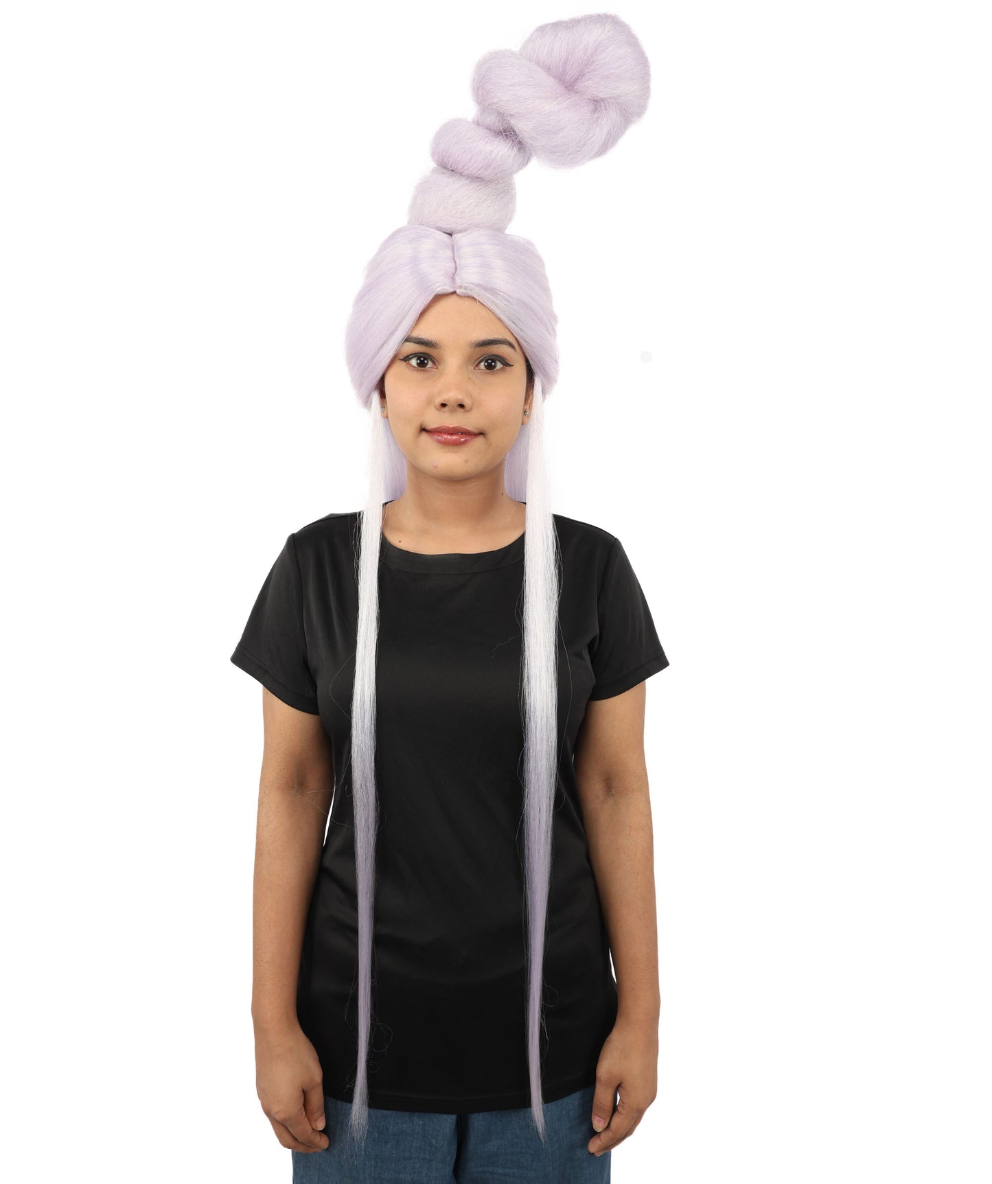 HPO Women's Sculpted Loop Topknot Wig | Pastel lavender hue, create of synthetic fiber, gravity-defying twisted vertical bun with long face-framing strands, breathable base | Party, Halloween, theater, drag, performance, costume events
