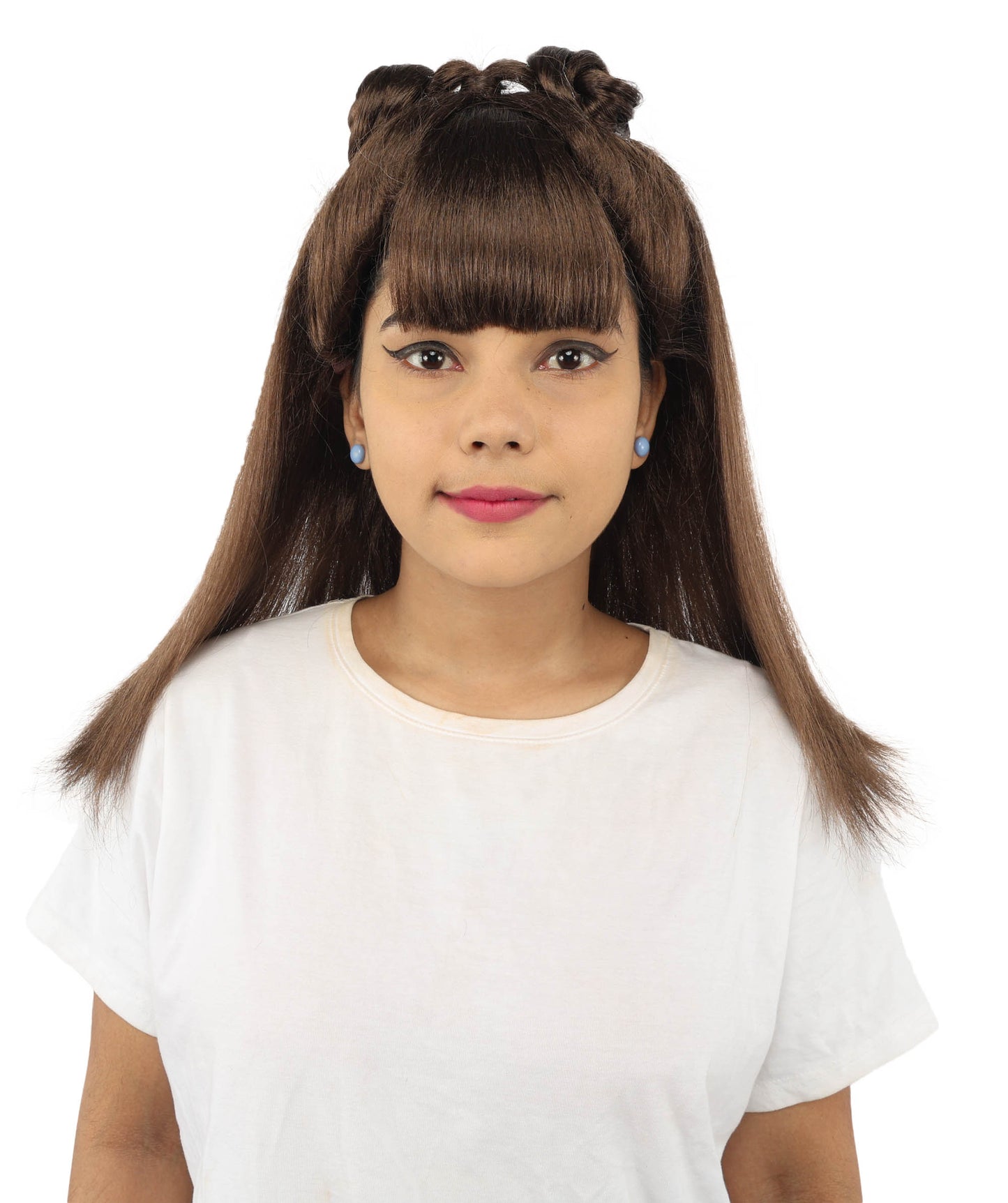 HPO Women's Brown & Pink Half Updo Bangs Wig | Create of synthetic fiber, blunt fringe with top bow, breathable base | Party, Halloween, theater, drag, performance, costume events