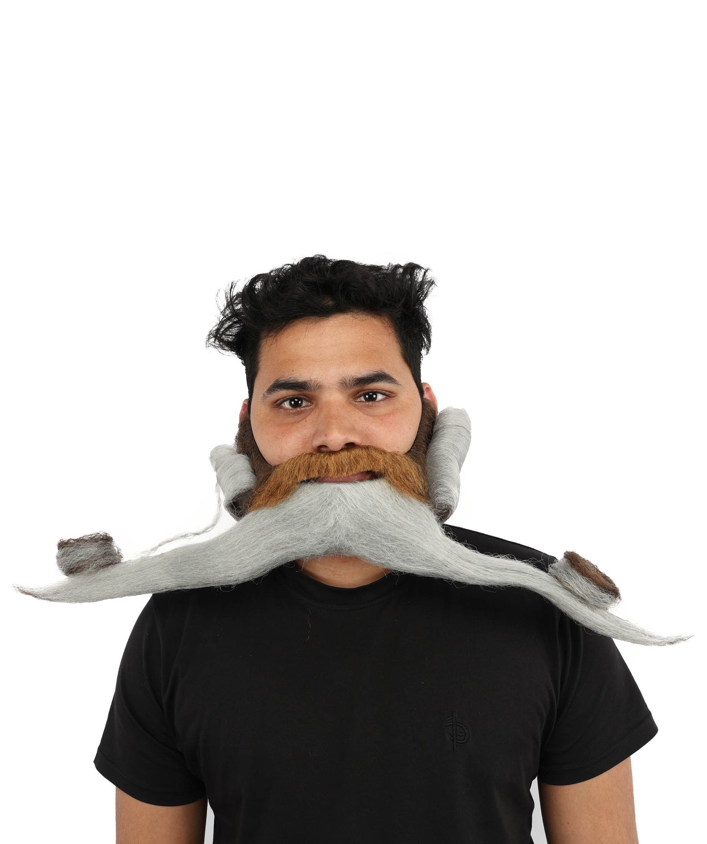 HPO Men's Classic Grey Handlebar Beard & Moustache with Long Curled Ends | Lightweight Fake Facial Hair | Synthetic Fiber Costume Facial Hair
