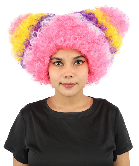 HPO Women's Rainbow Afro Puff Wig | Multi color curly synthetic fibers with dual structural buns and capless construction | Essential for theatrical stage drag performance costume events and party