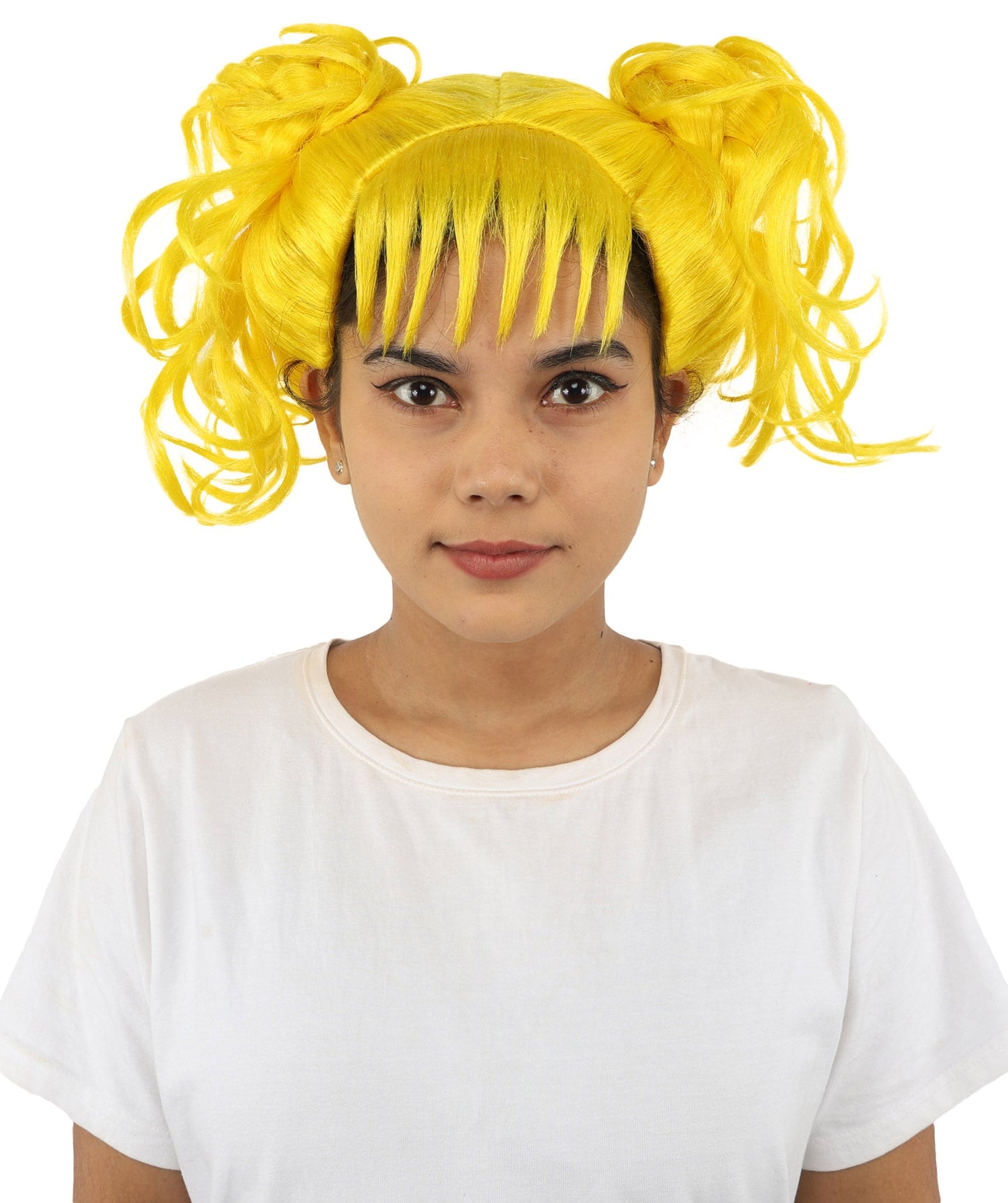 HPO Adult Women’s Messy Twin Bun Wig with Graphic Bangs | Multiple Color Options | Edgy Wig for Cosplay, Fashion Events, Halloween & Stage Wear | Adjustable Cap, Lightweight Synthetic Fiber