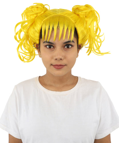 HPO Adult Women’s Messy Twin Bun Wig with Graphic Bangs | Multiple Color Options | Edgy Wig for Cosplay, Fashion Events, Halloween & Stage Wear | Adjustable Cap, Lightweight Synthetic Fiber