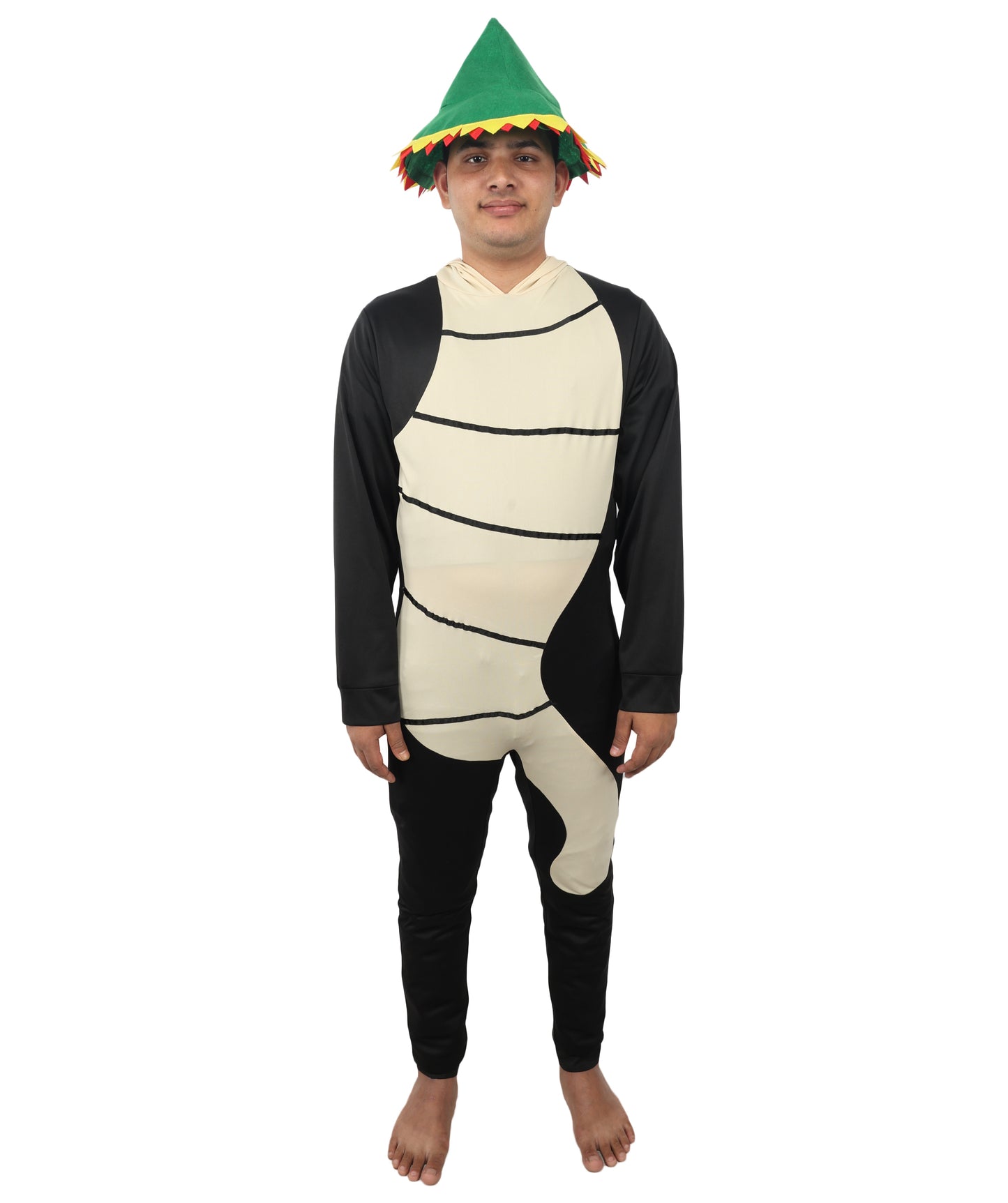 HPO Men's Funny Worm Costume – Black & Khaki Comedy Tunic with Curved Body Shape | Novelty Fancy Dress for Humorous Party Appearances