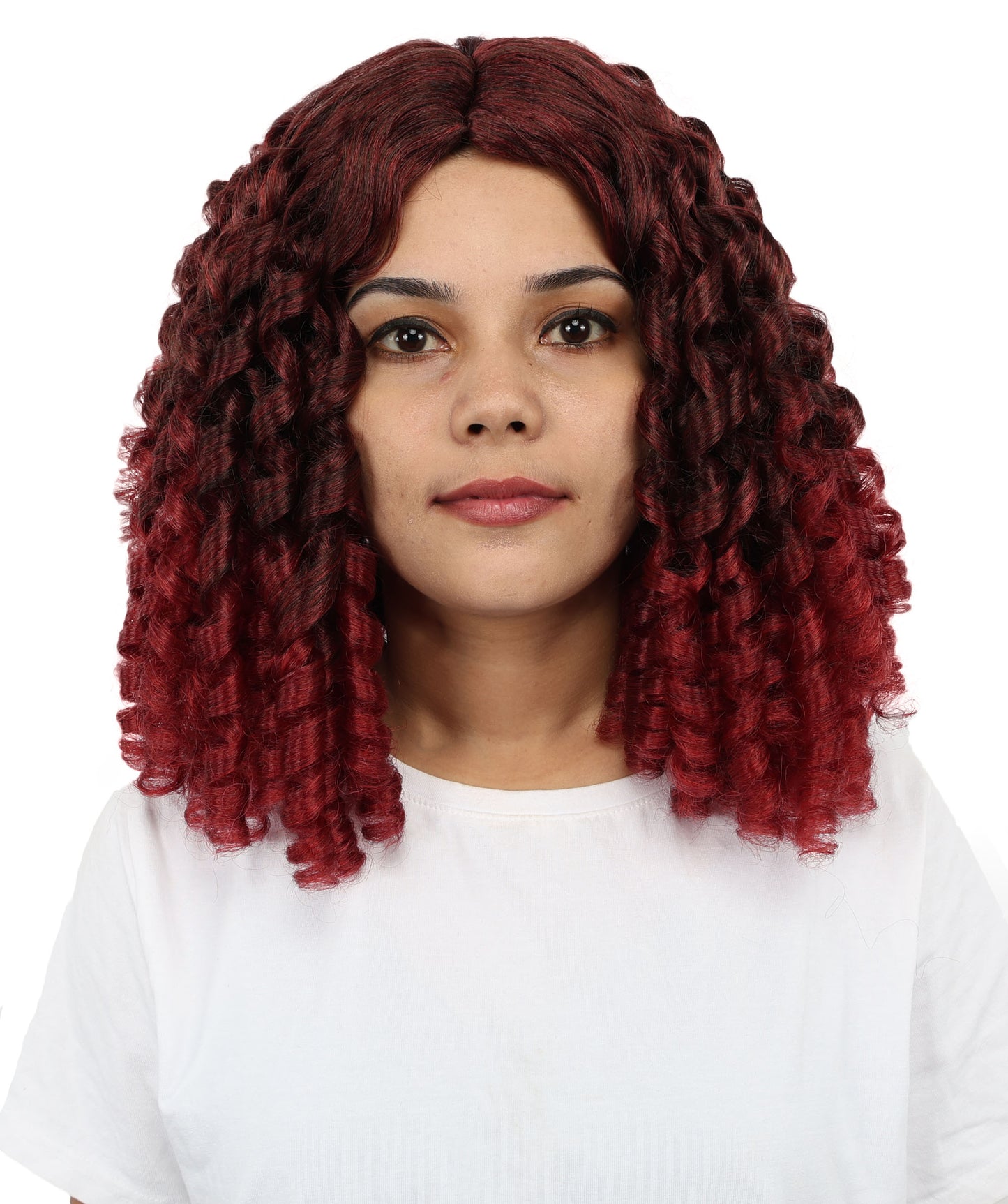 HPO Women's Burgundy Curly Wig | Medium Synthetic Hair with Intricate | Adjustable Breathable Cap for Cosplay, Halloween, Parties & Stage